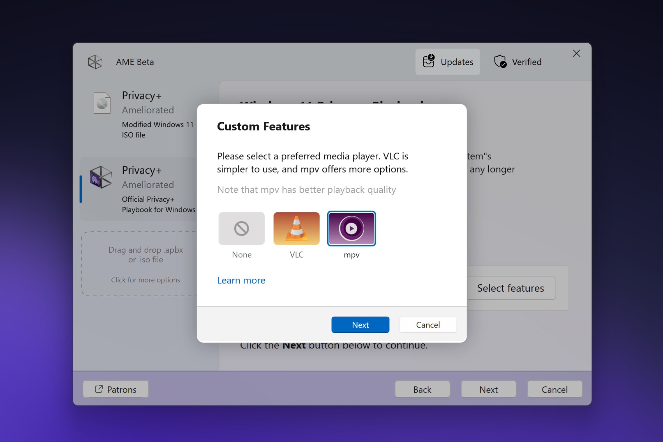 Screenshot showing the playbook features modal in AME Beta
